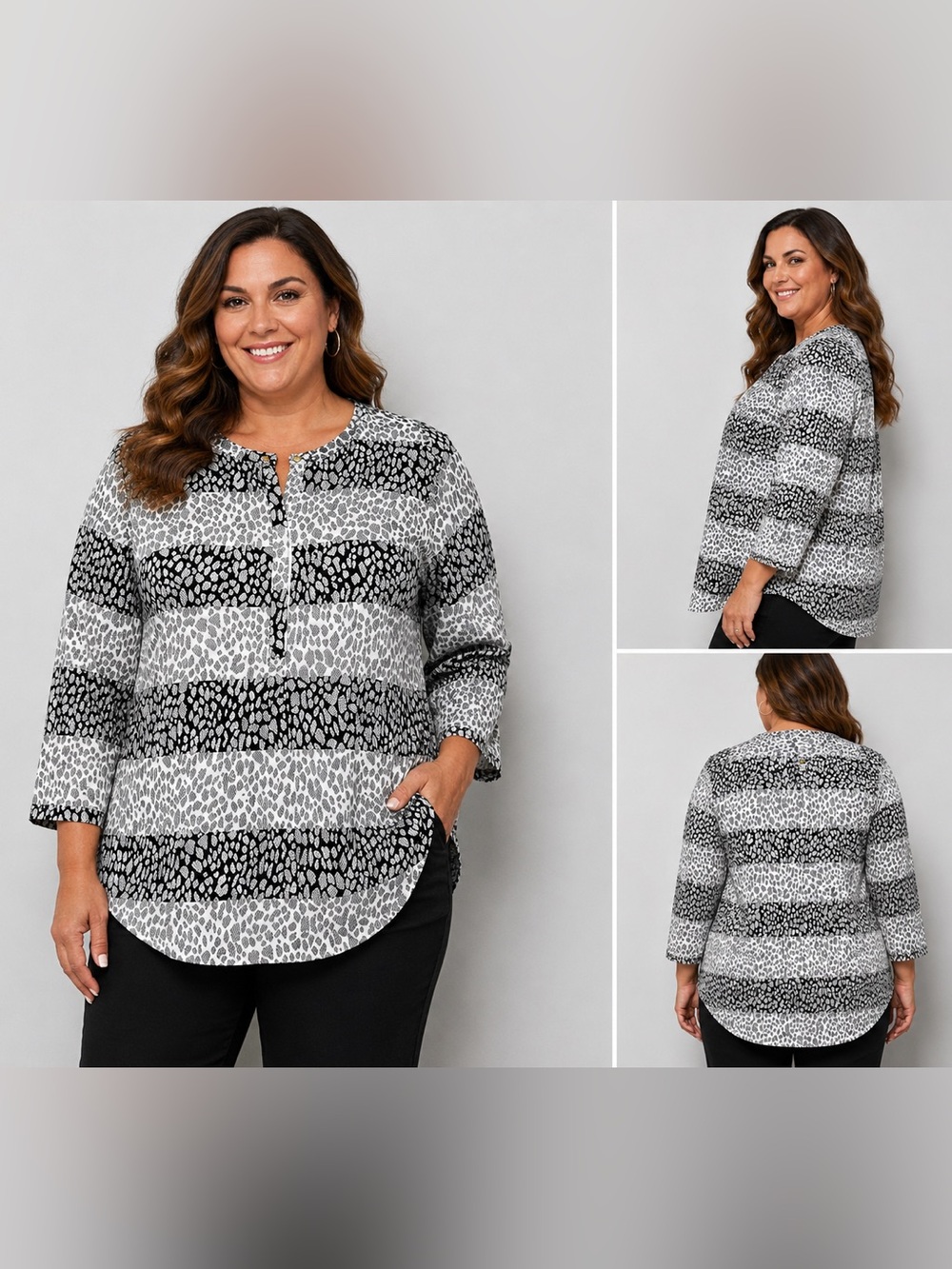 NWT Liz Claiborne Studio Women’s XL Black White Gray Multi Stripe Blouse
